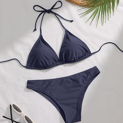 TEMU Bikini Set With Lace-up Detail - High Stretch Fabric, Solid Color Swimwear For Women, Sexy & Stylish Beach Or Poolside Attire Image