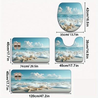 TEMU Open 3pcs/4pcs Seaside Shell Pattern Bathroom Mat Set Toilet Seat Ring U-shaped Foot Pad Image