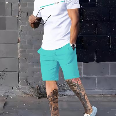 TEMU Men's Summer Casual Athletic Suit, Breathable 3d Print Round Neck T-shirt And Shorts Set, Polyester Knit Fabric With Stretch, Regular Fit, Vintage Style Outdoor Leisure Outfi Image