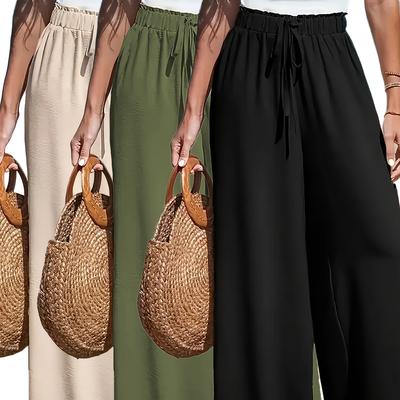 TEMU Women's 3pcs Wide Leg Pants - Black, Apricot, Olive Green, Casual Loose Fit With Drawstring, High Waist, Comfortable Wear Image