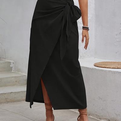 TEMU Elegant Special Women's Asymmetrical Hem Long Skirt - Adjustable Waist Tie, Lightweight 100% Polyester, Solid Color Black, Machine Washable Resort Vacation & Casual Spring/summer Outfits Image