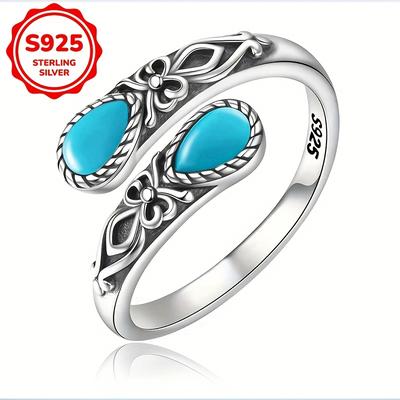 TEMU A Pair Of Women's Rings, Creative Bow, Inlaid Synthetic Turquoise Spoon Shaped Ring, 925 Silvery 3g, , Gift For Women Image