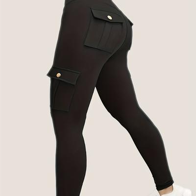 TEMU High-waisted Butt-lifting Yoga Leggings With Multiple Pockets - Stylish, Comfortable Running & Fitness Tights For Women, Solid Black Color, High-elasticity Activewear For Gym, Running, And Yoga Image