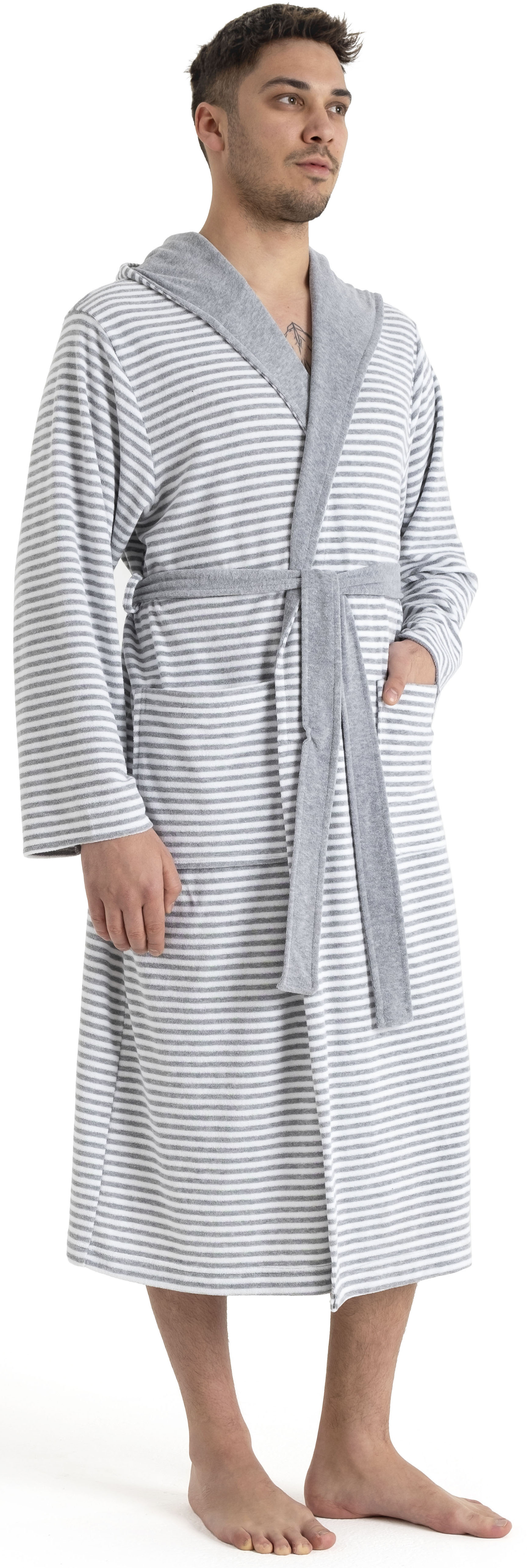 Herrenbademantel KANGAROOS "Luana, ideal für Sauna & Spa, Hotelbademantel, Morgenmantel" Gr. S, grau (grau, weiß), L:120cm, Leichtfrottier, Hausmäntel, Streifen - Bademantel für Herren, gestreift, S-4XL Image