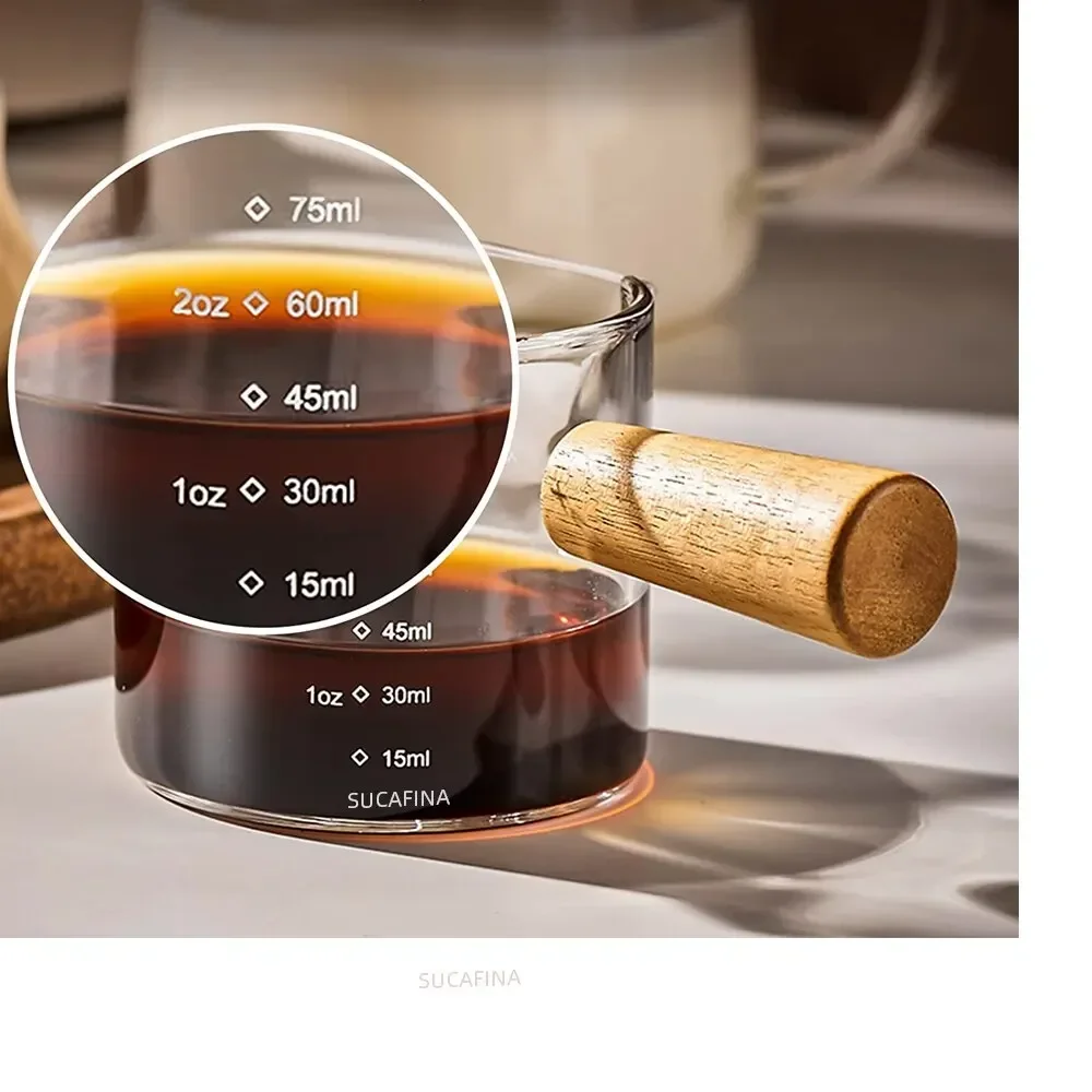 Glas Messbecher Mit Holzgriff 1pc Glas Espresso Messbecher Doppel Einzel Mund Milch Kaffee Klar Becher Kaffee liefert Image