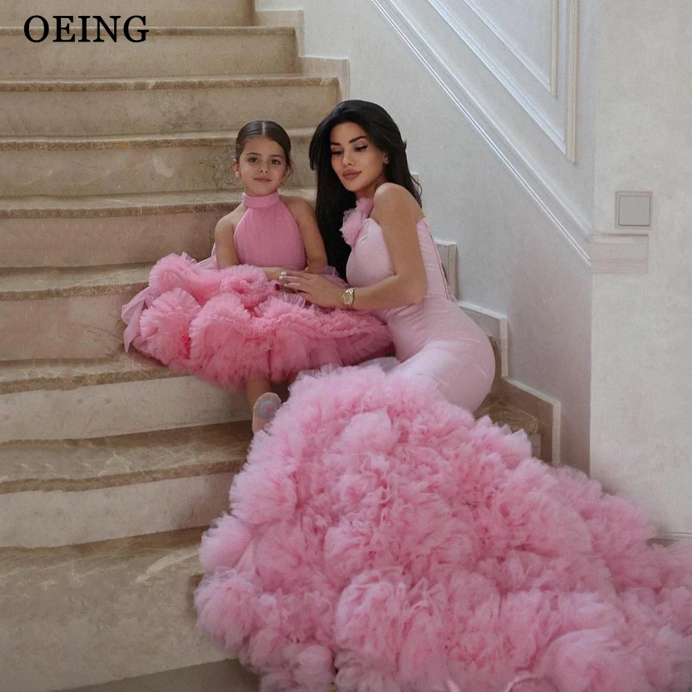 BOEING Baby Rosa Mutter und Tochter Meerjungfrau Kleid Prinzessin Foto Schießen Tiered Rüschen Tüll Kleid Robe Party Kleider Angepasst Image