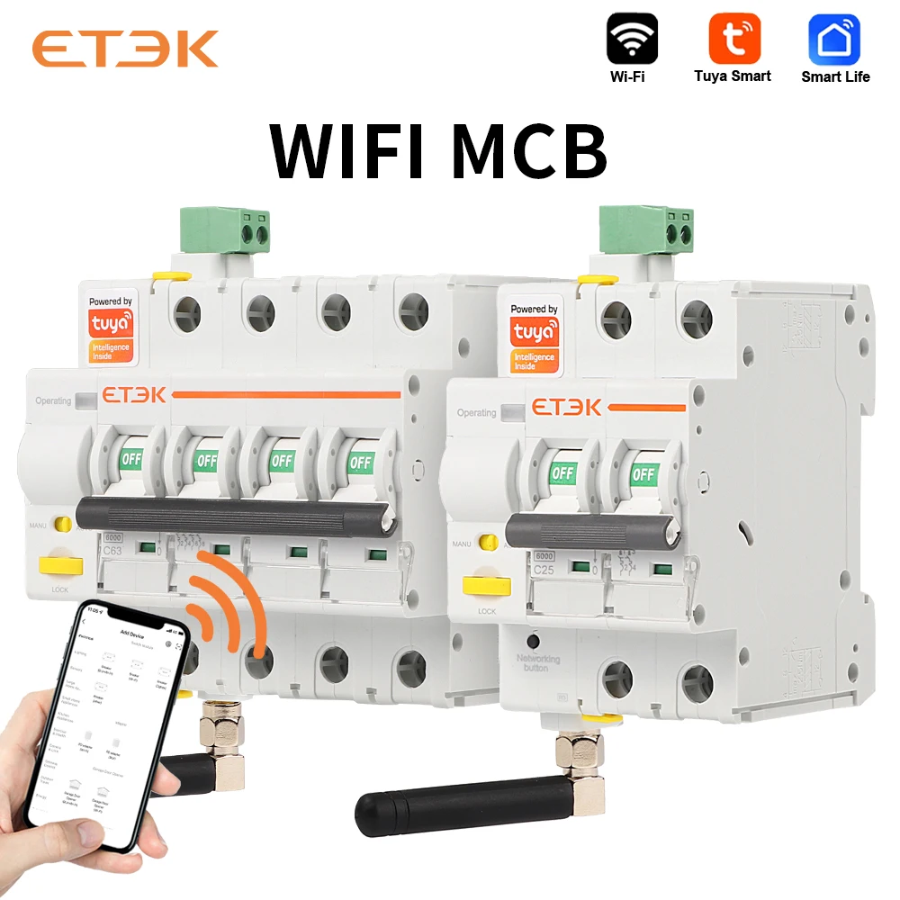 ETEK TUYA Smart MCB Keine Messung 2P 4P Leistungsschalter C Curve 16-63A WiFi Fernbedienung EKR3 Image
