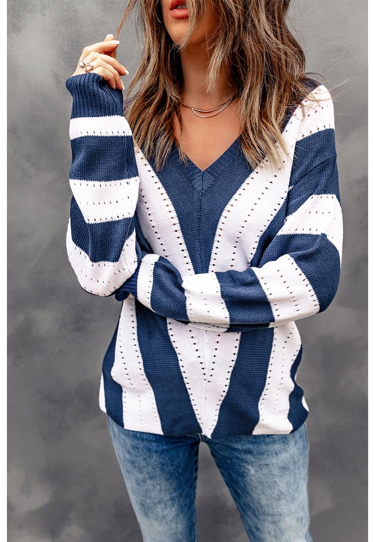 Azura Exchange Damen Farbblock V-Ausschnitt Strickpullover in Blau Image