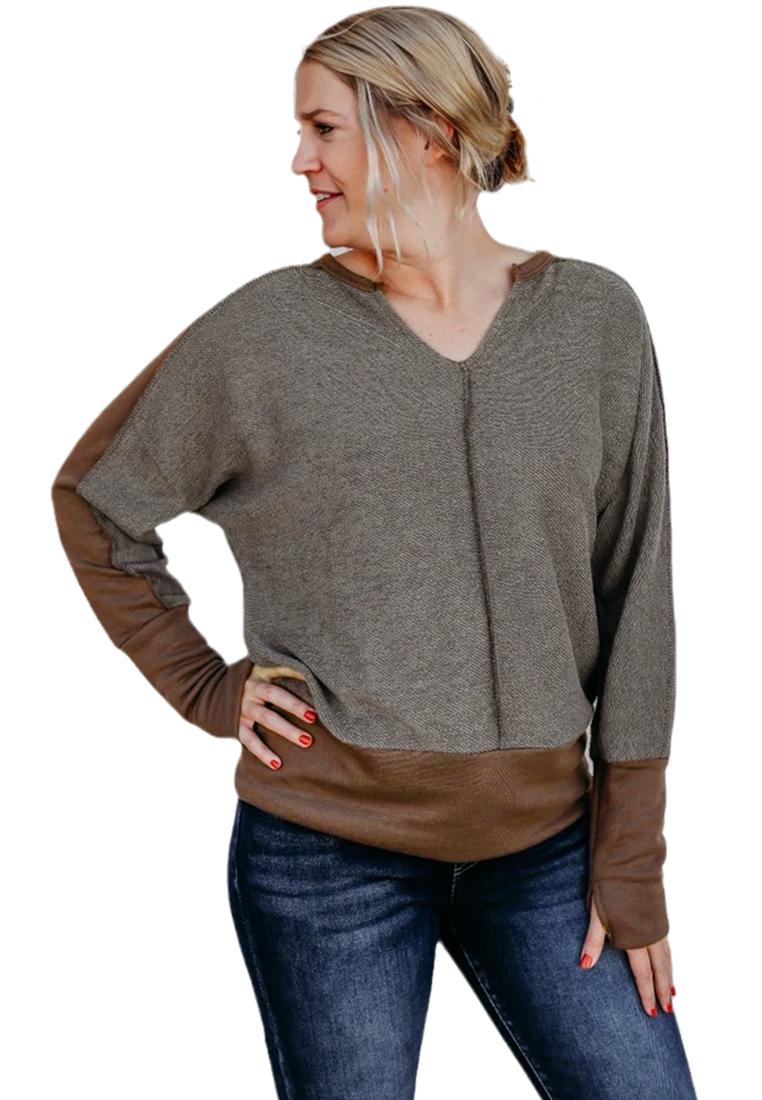 Azura Exchange Brauner Kontrast-Patchwork-Top mit Daumenlochärmeln Image