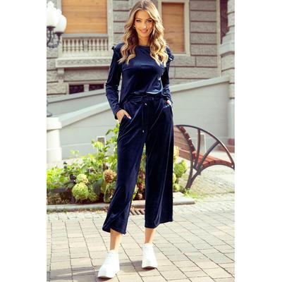 Azura Exchange Navyblaues, einfarbiges Samt-Rüschenset aus zwei Teilen mit Hose Image