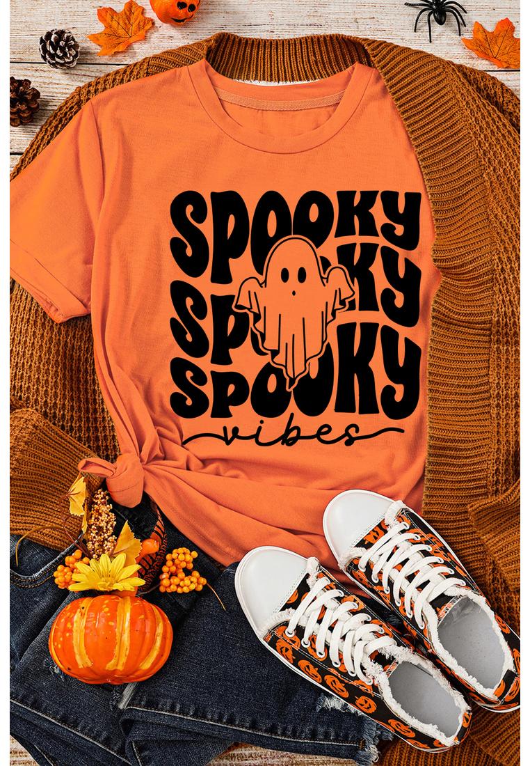 Azura Exchange Orange SPOOKY Vibe Geisterdruck Rundhalsausschnitt Halloween T-Shirt Image