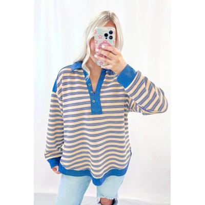 Azura Exchange Blaue Streifen Knopf-V-Ausschnitt Kragen-Off-Shoulder-Oberteil Image