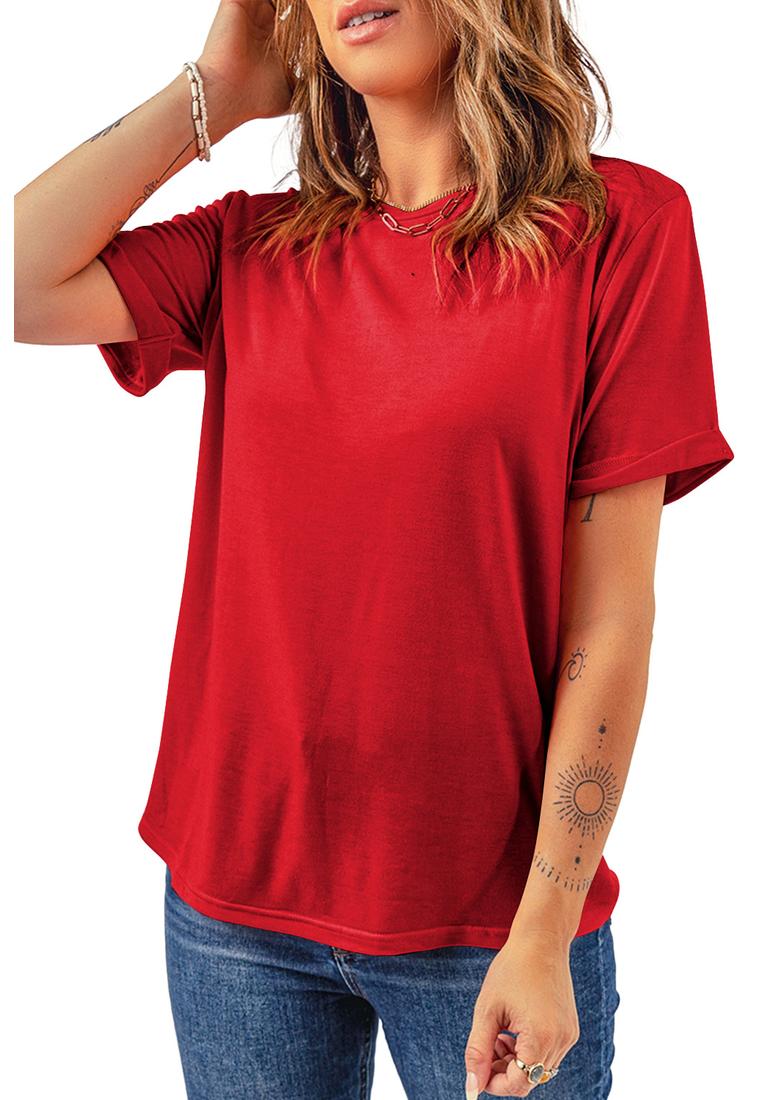Azura Exchange Rotes Freizeit Plain Crew Neck T-Shirt Image