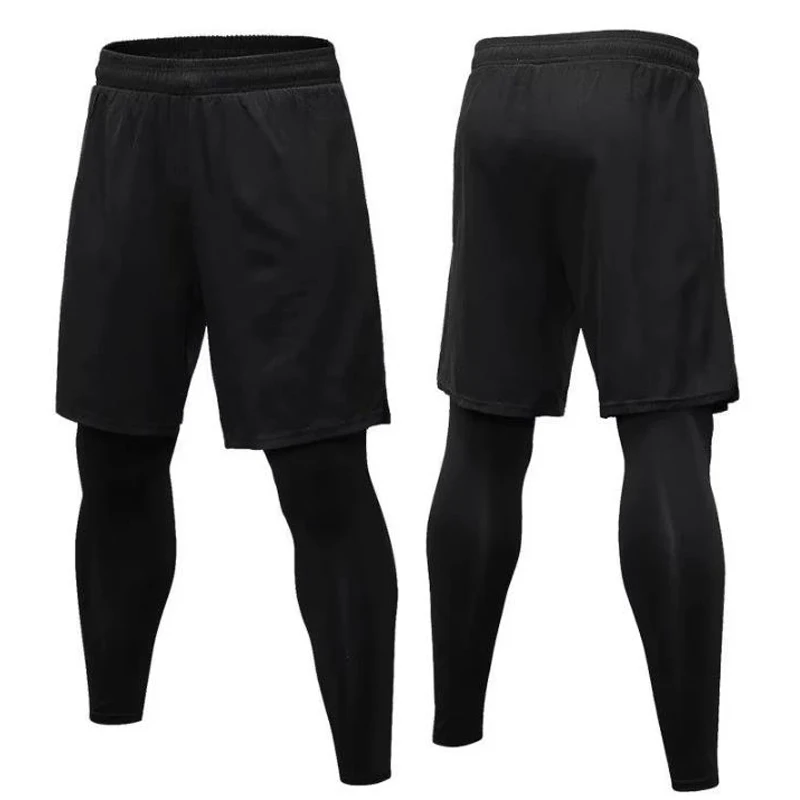 Enge Herrenhose, gefälschte zweiteilige Fitnessübung, Lauftraining, lässige Stretch-Schnelltrocknungshose mit lockerer Taille in Schwarz und Grau Image
