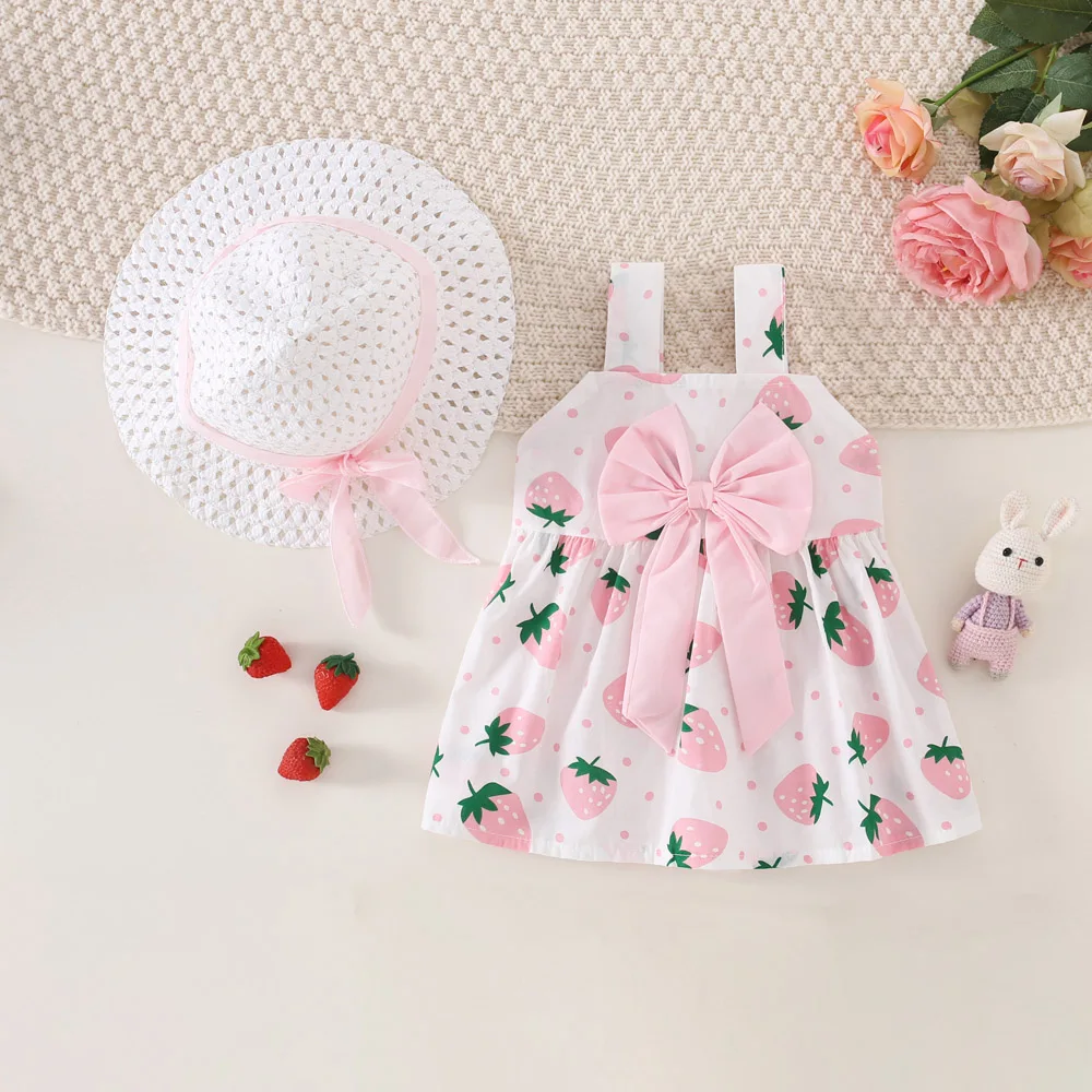 Baby Mädchen Kleid Sommer Erdbeere Druck Schleife Hosenträger Mädchen Kleid Niedliche Baumwolle Mädchen Strand Kleid Mit Hut Image