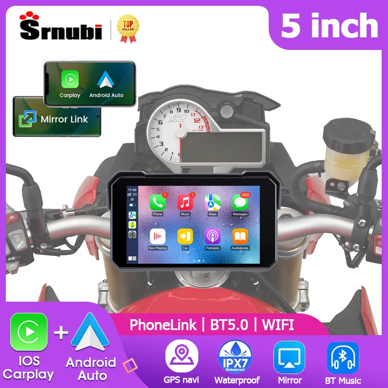 Srnubi 5-Zoll-Motorrad-CarPlay-Bildschirmnavigation GPS Wireless Android Auto Airplay Autoradio für Motorradhelm Bluetooth Image