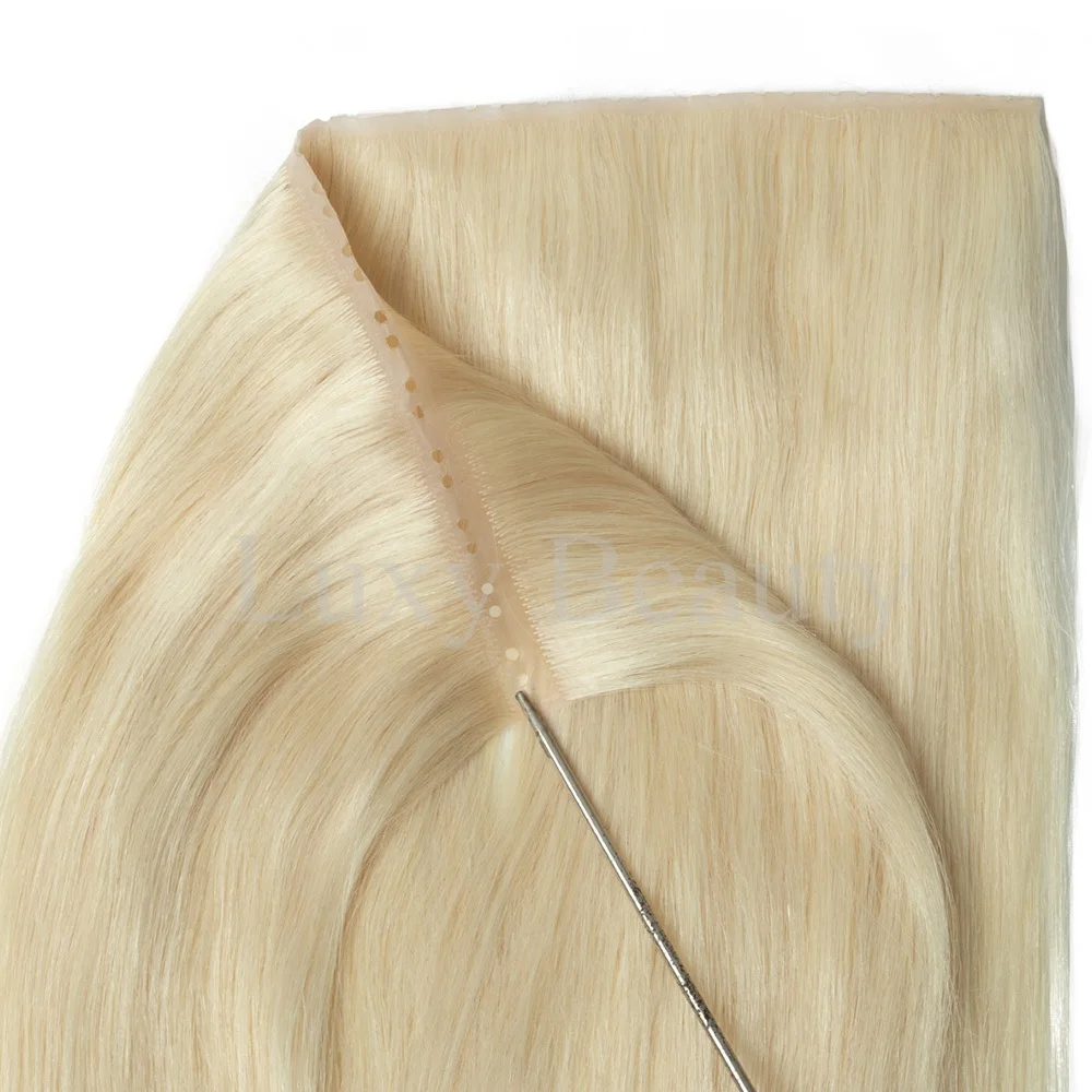 Blonde, doppelt eingespritzte Loch-Einschlagverlängerungen, Echthaar, gerade, Twin Tab, Schusshaar, natürliches Schwarz, Braun, unsichtbarer XO-Loch-Einschlag