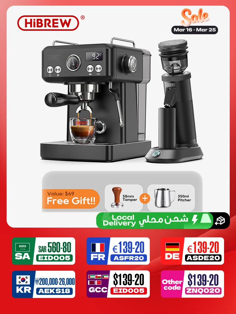 HiBREW H10A Schwarze Espressomaschine, Temperaturvolumen, Vorbrauen, verstellbarer 58-mm-Siebträger, Cappuccino-Kaffeemaschine