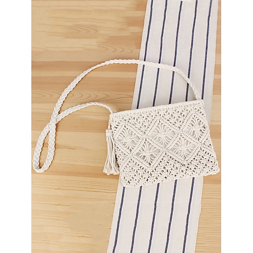 Borsa a tracolla boho intrecciata a mano da donna – borsa a tracolla vintage in macramè con nappa per vacanze al mare e outfit casual, colore nero bianco rosa