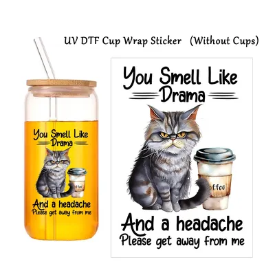 Katze trinken Kaffee Design UV Dtf Tasse Wrap Aufkleber für Katze, Kaffee liebhaber, wasserdichte Image