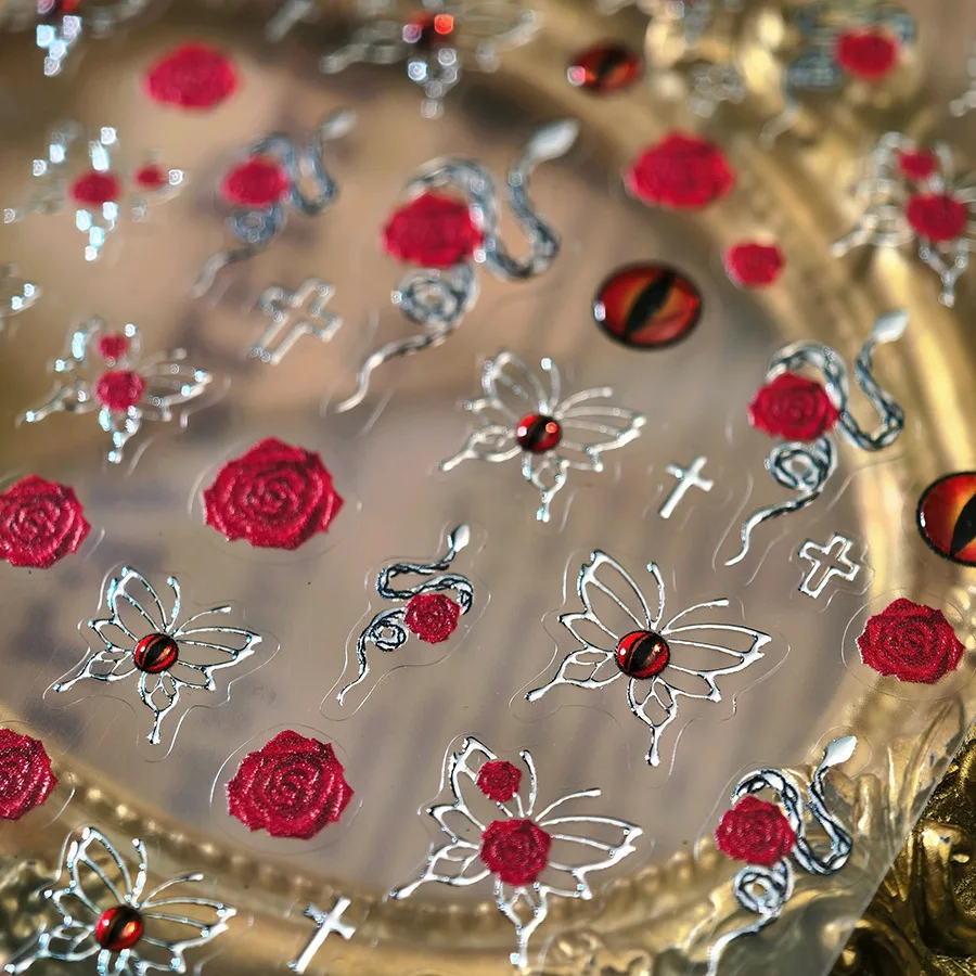 Rote Gelee-Schlange, Schmetterling, Rose, Blume, Katzenauge, Stein, Heißprägung, Splitter, selbstklebender Nagelkunst-Aufkleber, zarter Maniküre-Aufkleber Image