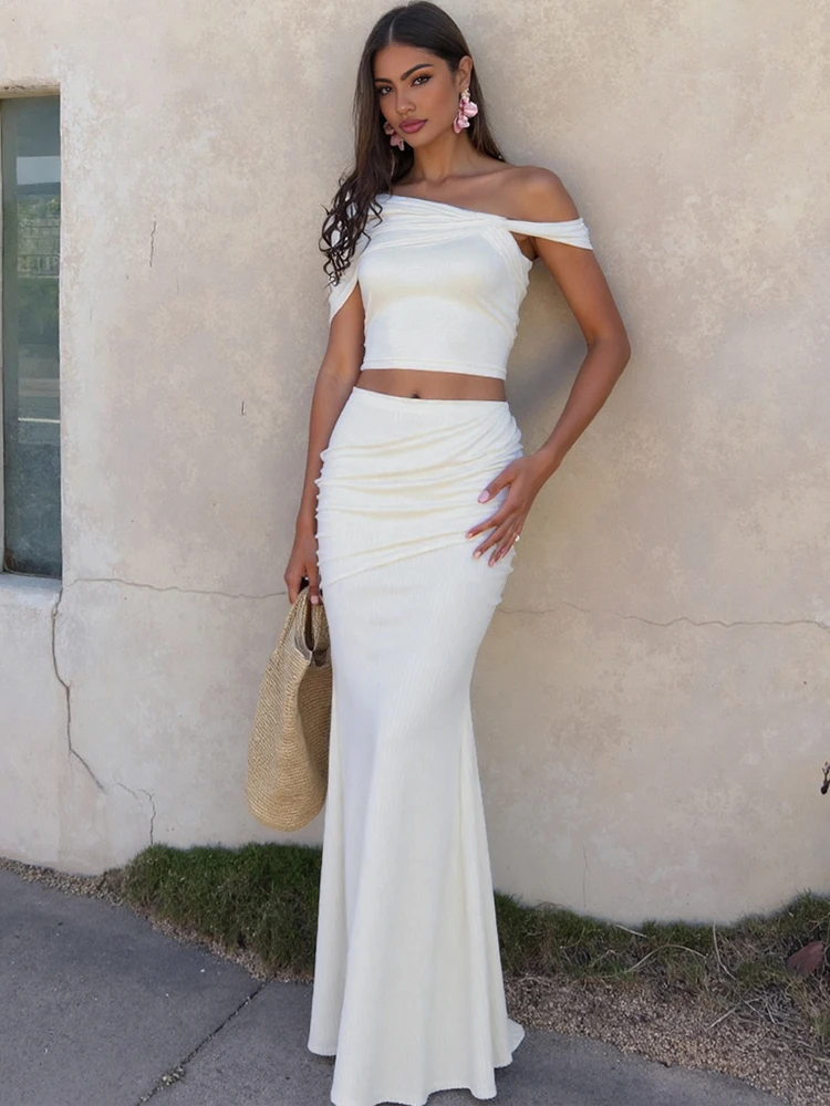 Nibber Elegantes 2-teiliges Set für Damen, unregelmäßiger Skew-Kragen, rückenfreies Crop-Top + geraffte Röcke, Sommer, dünn, modisch, Strand-Stil Image