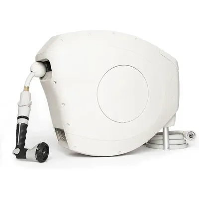 Hot Sellers.Beige, 82ft Automatic Retractable Garden Hose Reel, 9/16”, 8-Pattern Spray Nozzle,