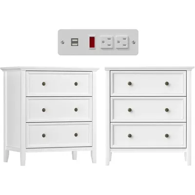 White Nightstand with 3 Drawers and Charging Station, Solid Wood Nightstand Organizer for Bedroom