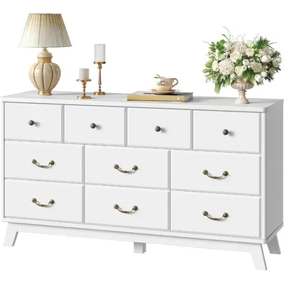 Dresser for Bedroom, Wooden 10 Drawer Dresser,55.1" Wide Chest of Drawers with Vintage Metal Handle,