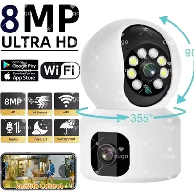 8MP 4K WiFi Camera Dual Screen Surveillance Auto Tracking Two-way Audio CCTV HD Color Night Vision Monitor Indoor PTZ Smart Cam