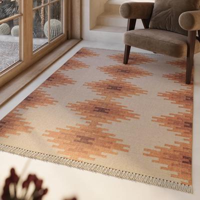 Wollteppich GREEN LOOOP "Belle", beige (beige, hell), B:140cm H:5mm L:200cm, Wolle, Teppiche, Fransen, Kelim, handgewebt, Natur, Wohnzimmer, Schlafzimmer, Raute Image