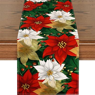 TEMU 1pc, Table Runner, Christmas Red Golden Poinsettia Table Runner, Winter Small Burlap Table Runner, Seasonal Dinning Decor For Indoor Image