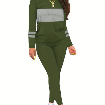 TEMU Two-piece Set, Casual Long Sleeve Crew Neck Top & Pants Outfits, Women's Clothing, Ladies Pant Sets Image