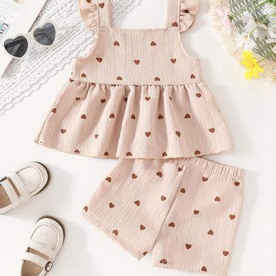 TEMU Girls' Peach Heart Print Shorts Set With Lotus Leaf Image