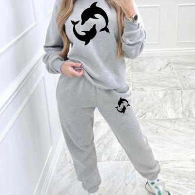 TEMU 1set Women's Casual Dolphin Print Sweatshirt And Sweatpants Set - Polyester 100%, Crew Neck, Long Sleeve, Geometric Pattern, Pocket Detail, Knit Fabric, Comfortable Fashion For Fall/winter Image