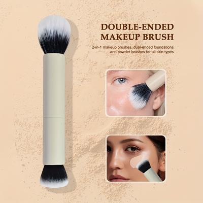 TEMU Dual-ended Makeup Brush For Blush, Foundation & Contour - Soft Nylon Bristles, Ergonomic Handle, Face Powder And Concealer Applicator, All Light Beige Types Image
