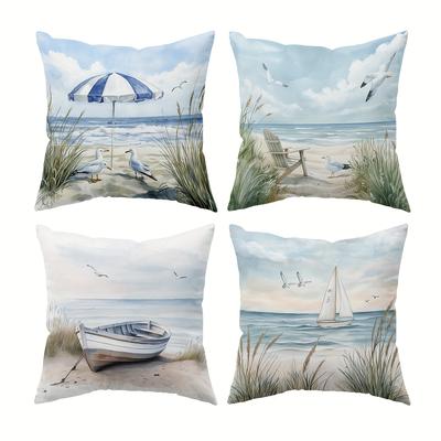 TEMU 4-pack Ocean Theme Throw Pillow Covers, 18x18 Inch, Contemporary Printed Cushion Cases With Zipper Closure, Machine Washable, Woven Polyester, For Living Room Decor - Seaside Design Image