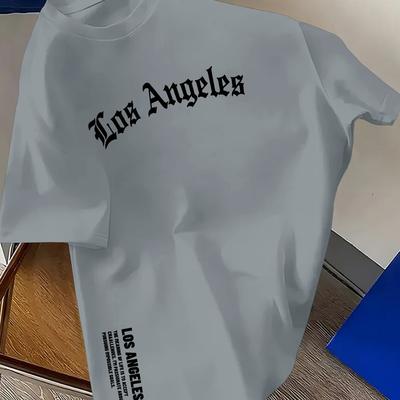 TEMU Men's Casual Los Angeles Graphic Tee - Green Polyester Round Neck T-shirt With Stretch, Summer Essential For Casual Attire Image