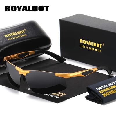 TEMU Royalhot Polarized Fashion Glasses - Protection, Aluminum Magnesium Frame, Black & Golden Accents, Sport & Driving Eyewear With Case, Cloth & Box Image