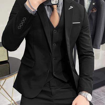TEMU Men's Navy Three-piece Suit With Flap Collar - Formal Wedding & Business Attire, Includes Vest, Dress Shirt, And Pants, Polyester Blend, Wear, Wedding Attire|formal Attire|polyester Blend Image