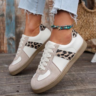 TEMU Women's Casual Athletic Sneakers, Lightweight Fabric Upper With Rubber Sole, Round Toe Lace-up Low Top Shoes, , Beige And With Leopard Print Accents Image