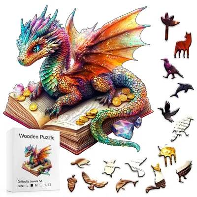Dragon wooden puzzle lying on a book - Challenge irregular animal shapes, adult stress relieving