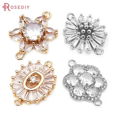 4PCS 18K Gold Color Brass and Zircon 2 Holes Daisy Flower Connect Charms Pendants Necklace Earrings