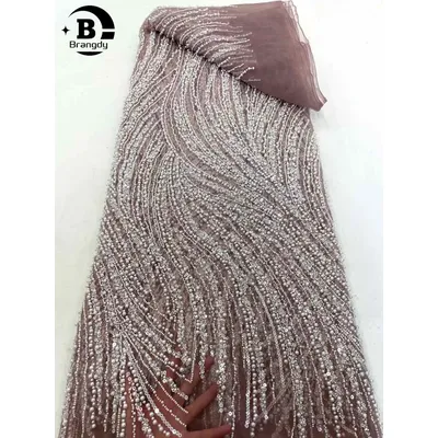 Brangdy African Mesh Sequins Lace Fabric 5 Yards 2025 High Quality Beaded Nigerian French Groom Lace