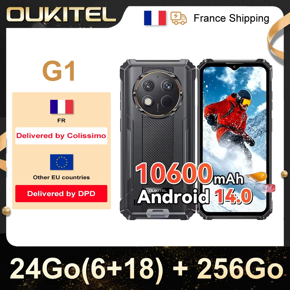 Oukitel-Smartphone G1 robuste, Android 6.52, en effet, 10600mAh, 24 Go + 256 Go, téléphone portable robuste, Android14, appareil photo 48MP HD +