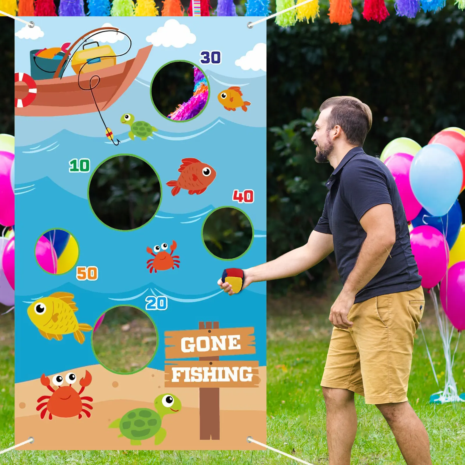 Gone Fishing Fisherman Toss Games Banner Hintergrund Fisher Fish Theme Dekor Dekorationen für Indoor Outdoor Jungen Mädchen Geburtstag Image