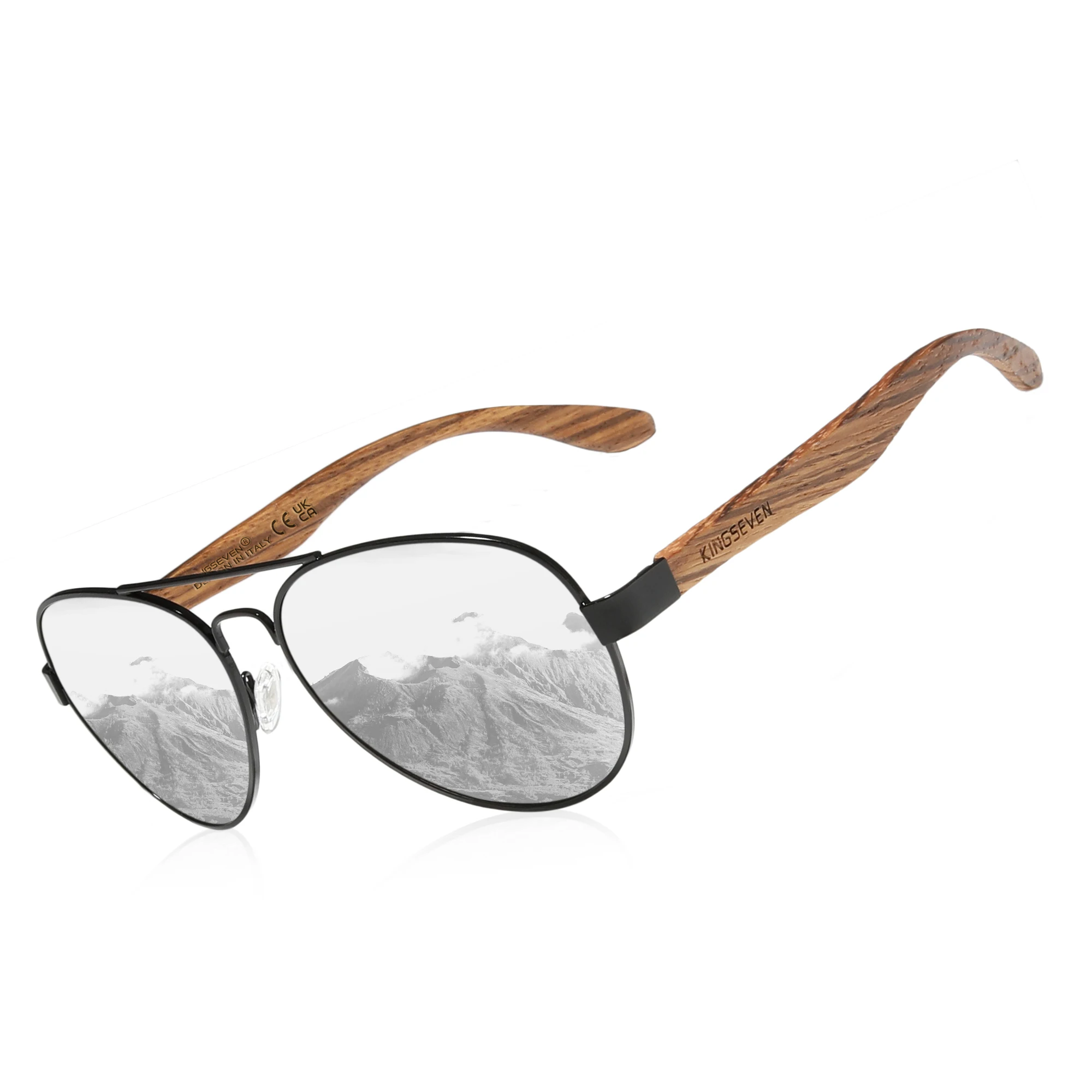 KINGSEVEN Modische Holzsonnenbrille, polarisiert, Herrenbrille, UV400, Spiegelbrille zum Fahren, Angeln, Holzbügel Image