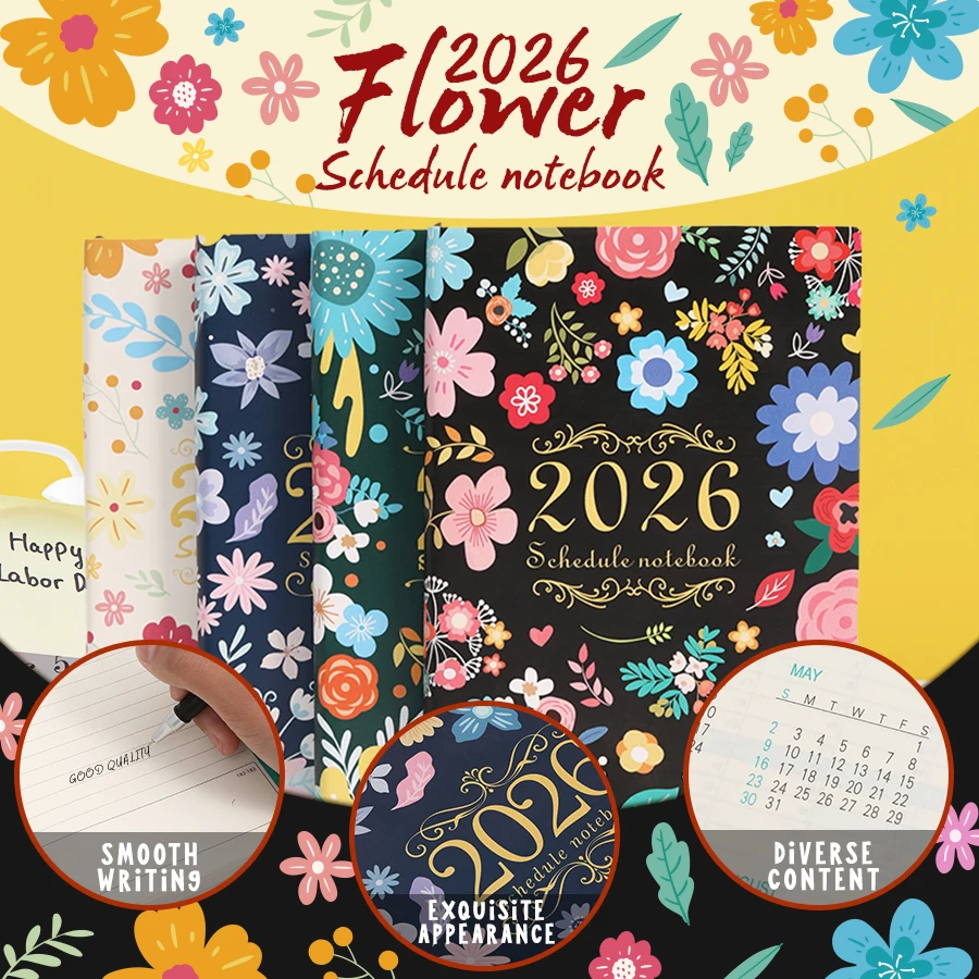 Ein Kalenderbuch-PC 2026 Blumen-Tagesplan-Notizbuch – Englisches Agenda-Tagebuch für Erwachsene, Selbstdisziplin-Zeiteragement, eine Seite pro Tag, Image