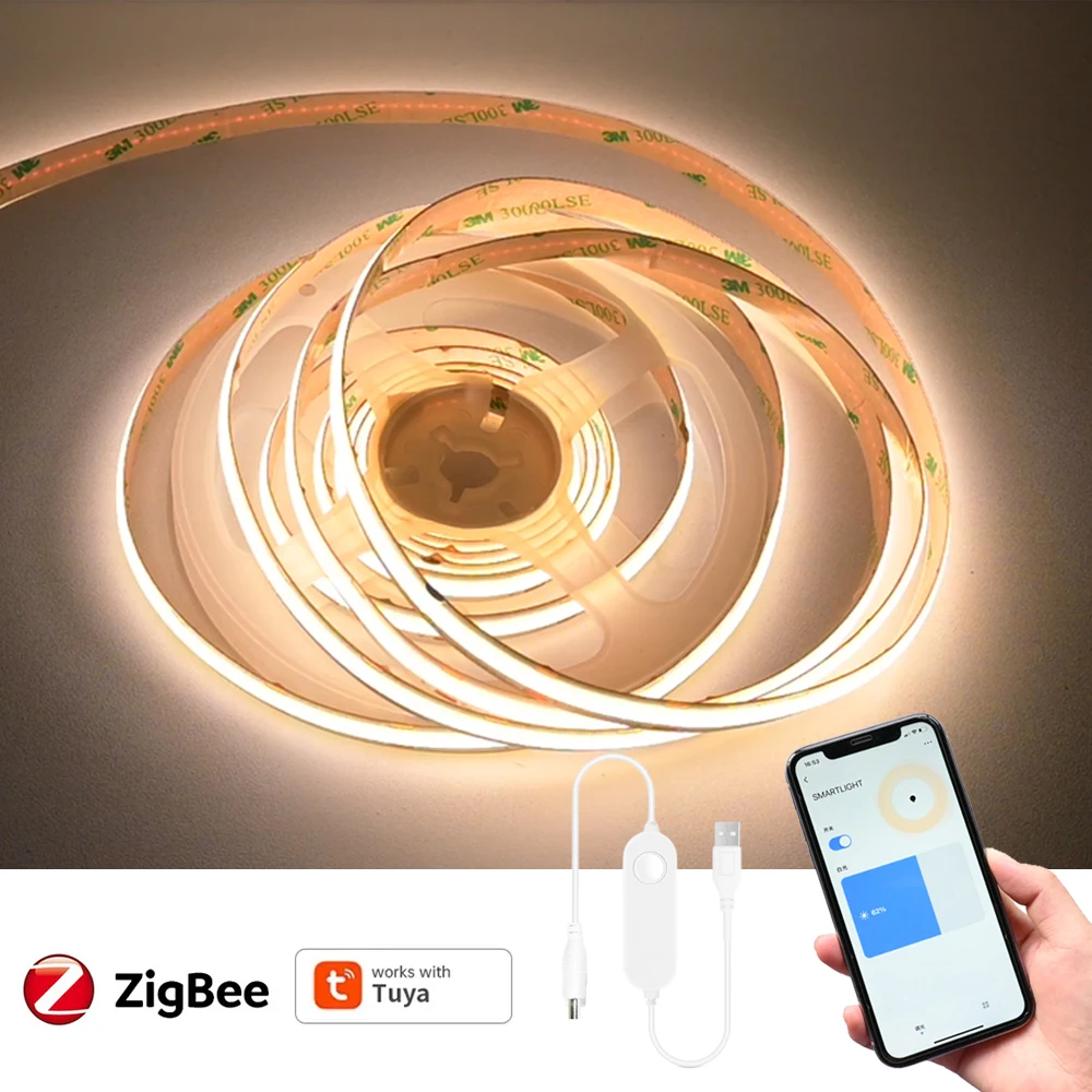 Smart USB Tuya Zigbee 5V COB LED Streifen 1m 2m 3m 5m Warmweiß Dimmbare Nachttisch Licht 3000K für Alexa Google SmartThings