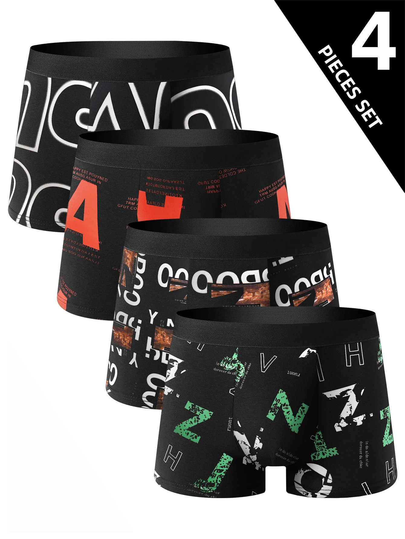 4-teilige Herrenmode, bedruckte Unterwäsche, atmungsaktive Schritt-Boxershorts für Teenager, bequeme, hochwertige Unterwäsche in Übergröße Image